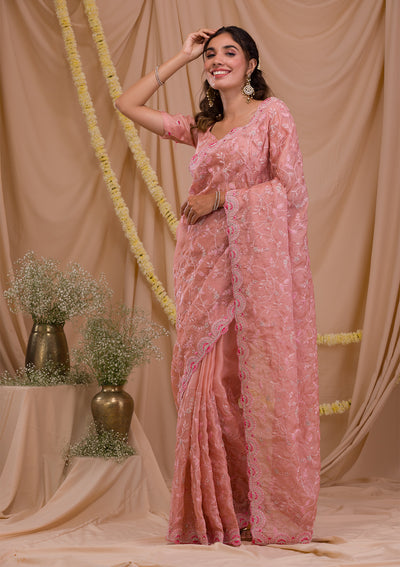 Pink Stonework Net Saree-Koskii