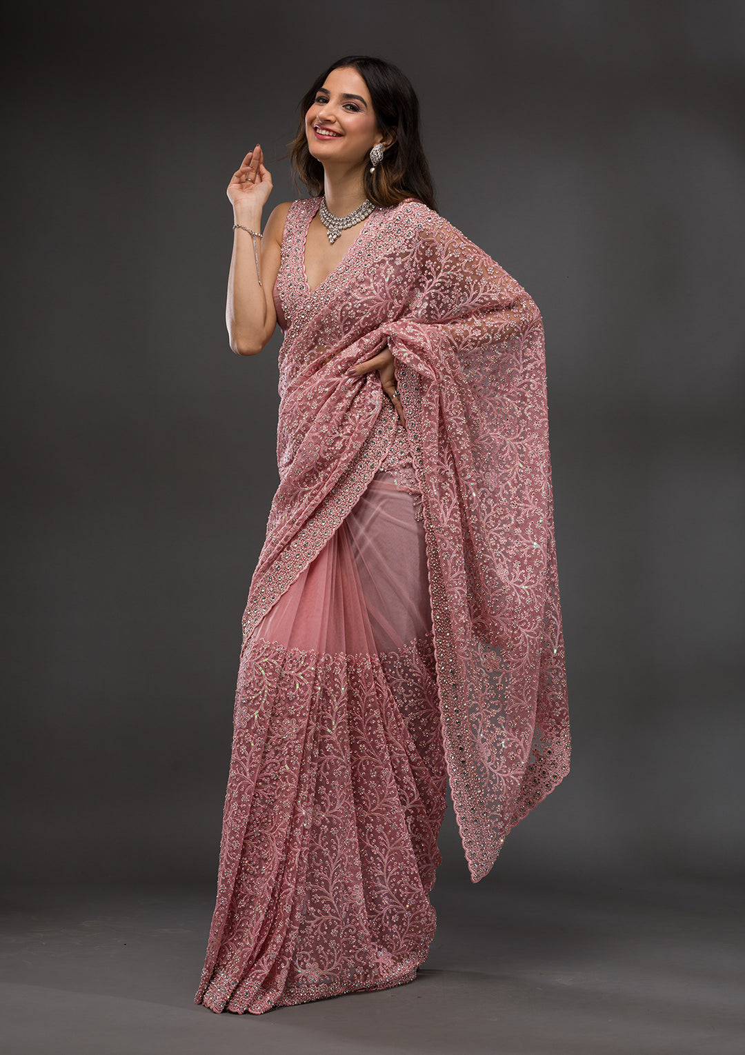 Pink Stonework Net Saree