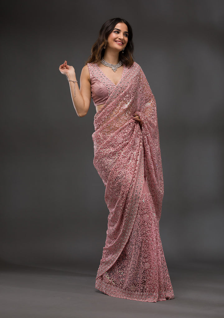 Pink Stonework Net Saree