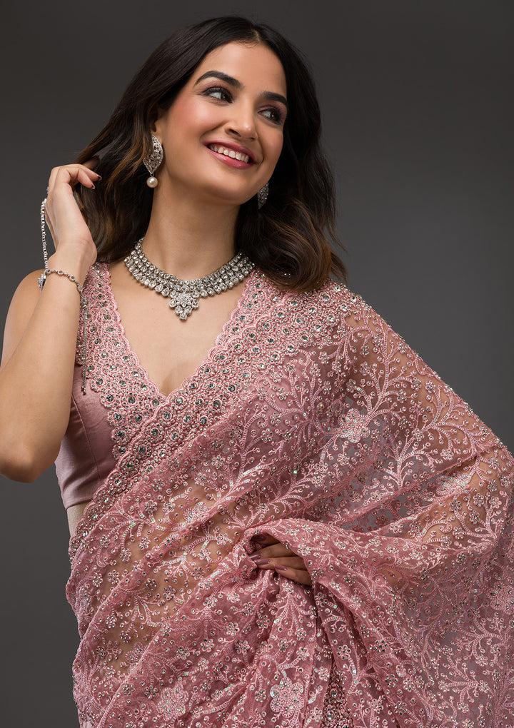 Pink Stonework Net Saree