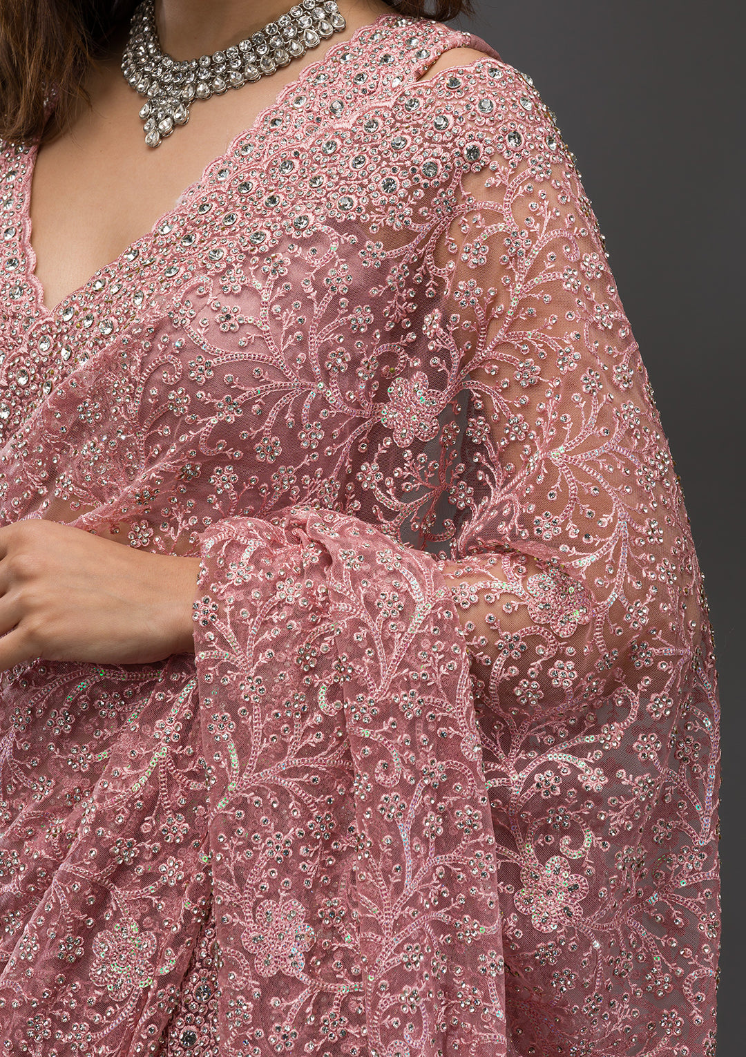 Pink Stonework Net Saree