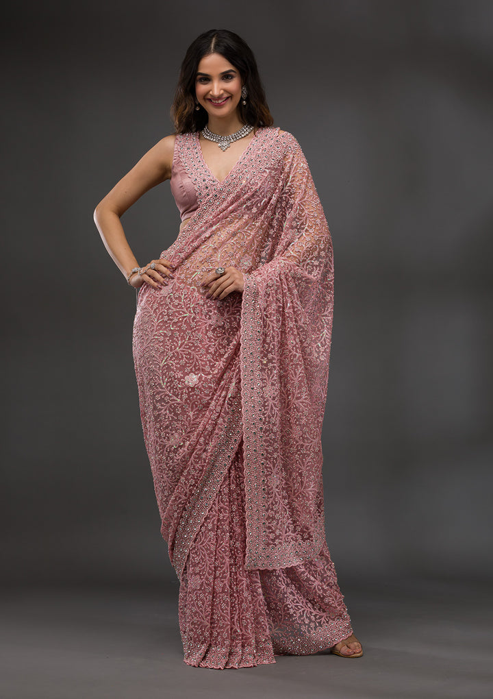 Pink Stonework Net Saree