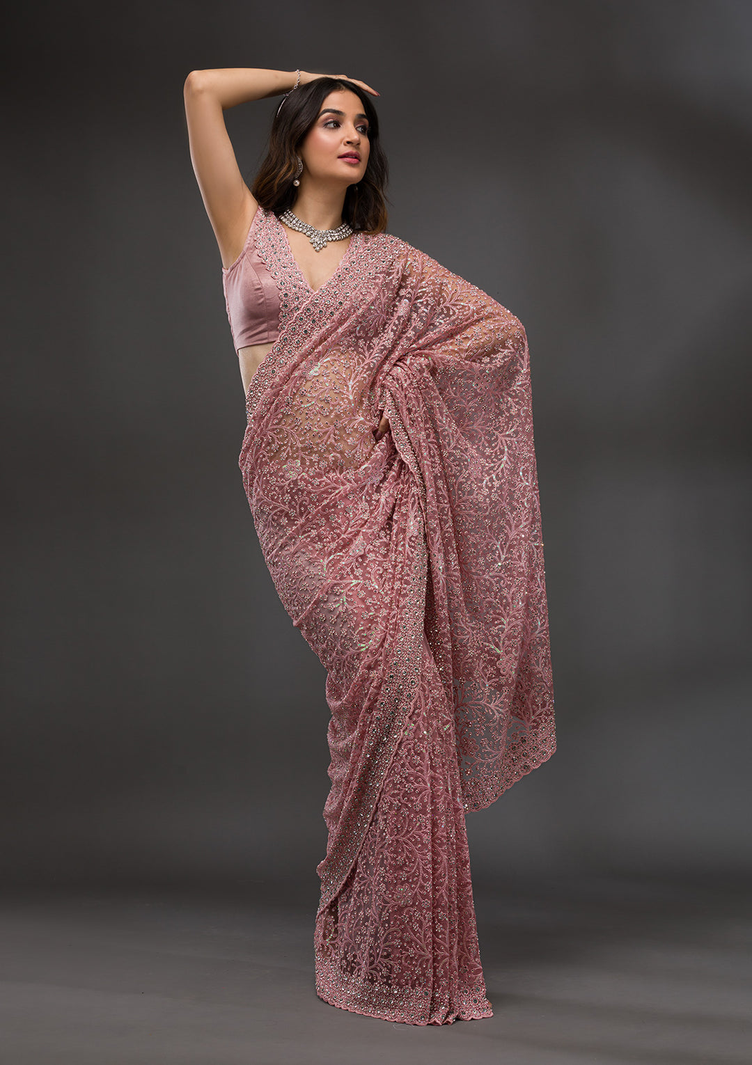 Pink Stonework Net Saree