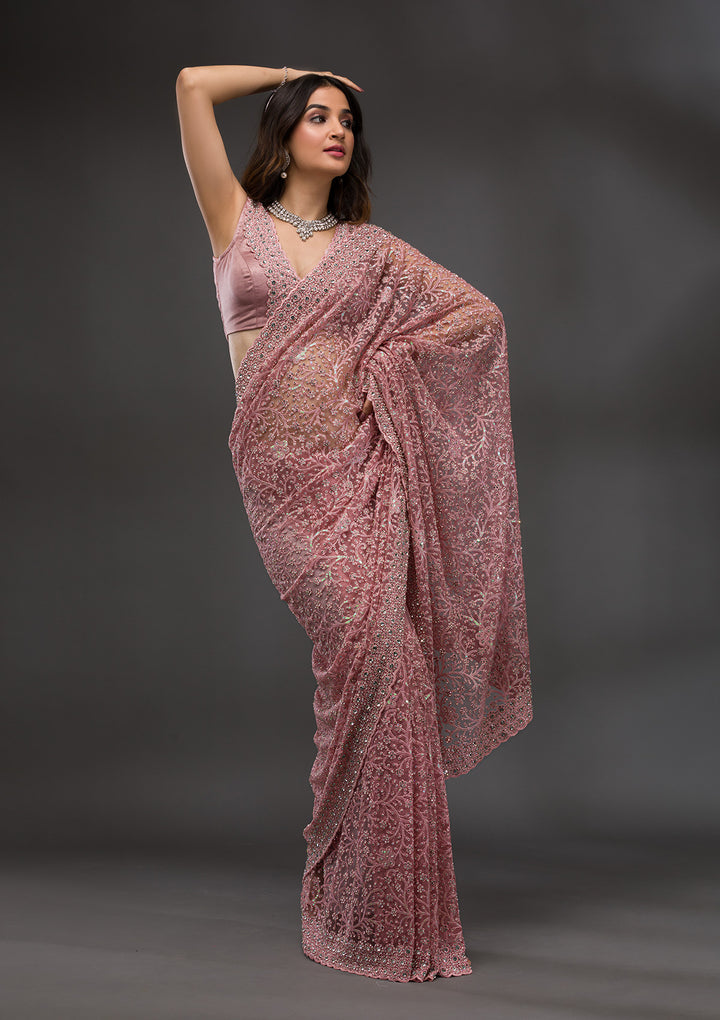 Pink Stonework Net Saree
