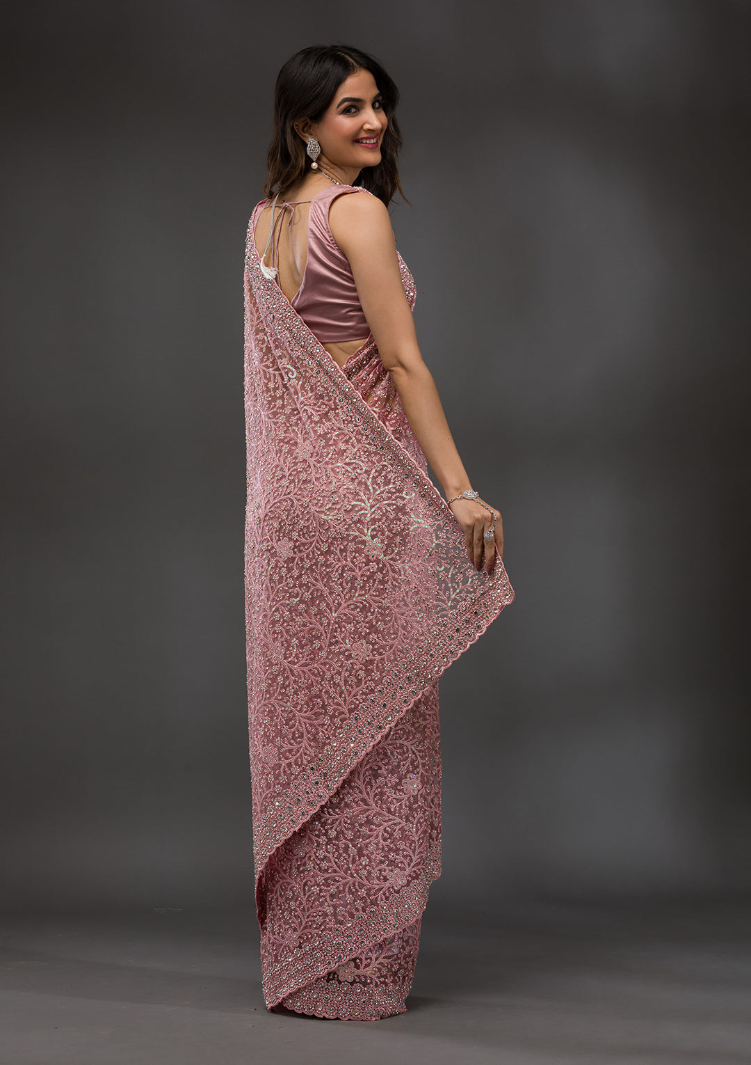 Pink Stonework Net Saree