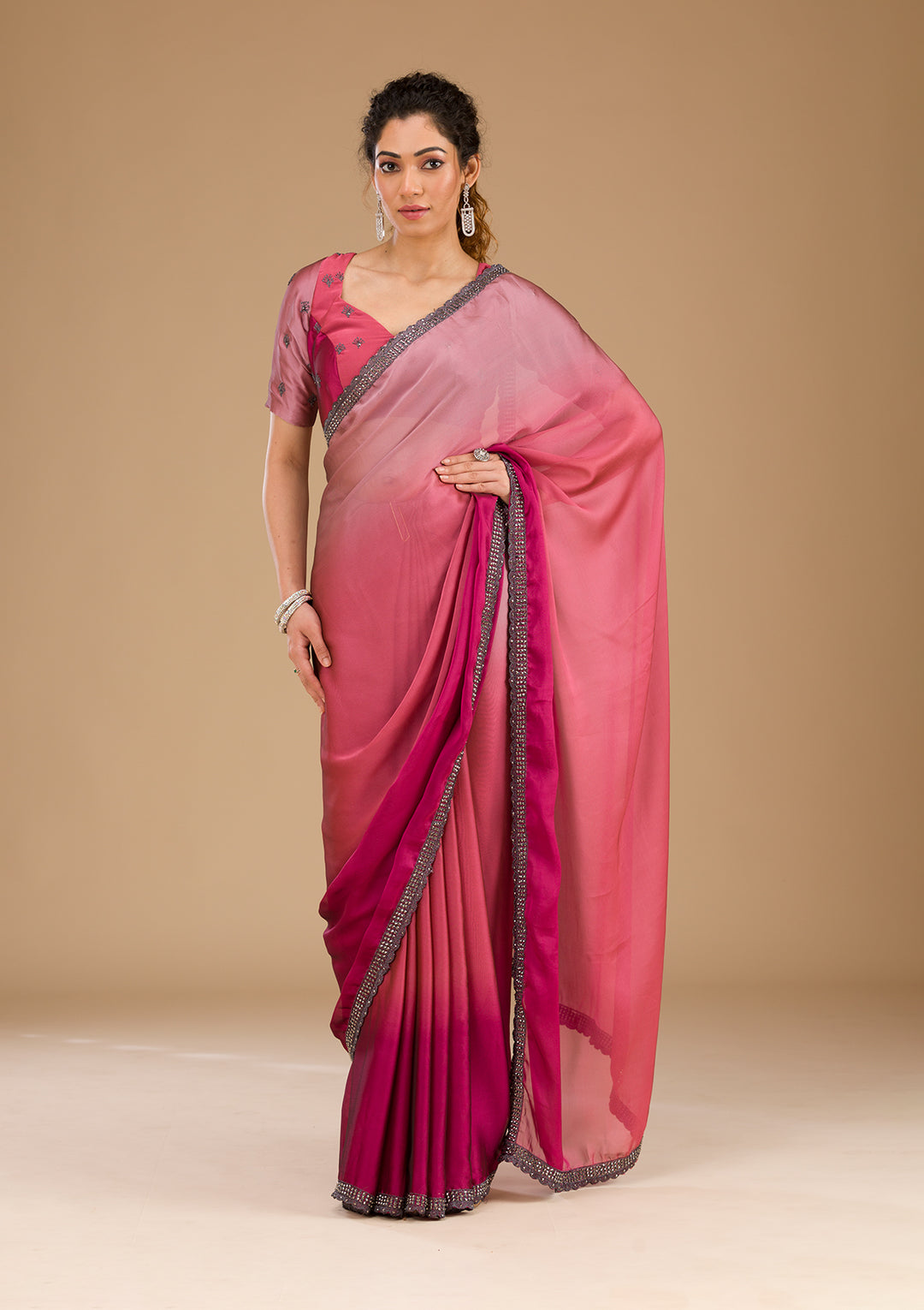 Pink Stonework Satin Saree-Koskii