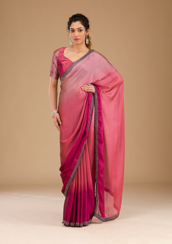 Pink Stonework Satin Saree-Koskii