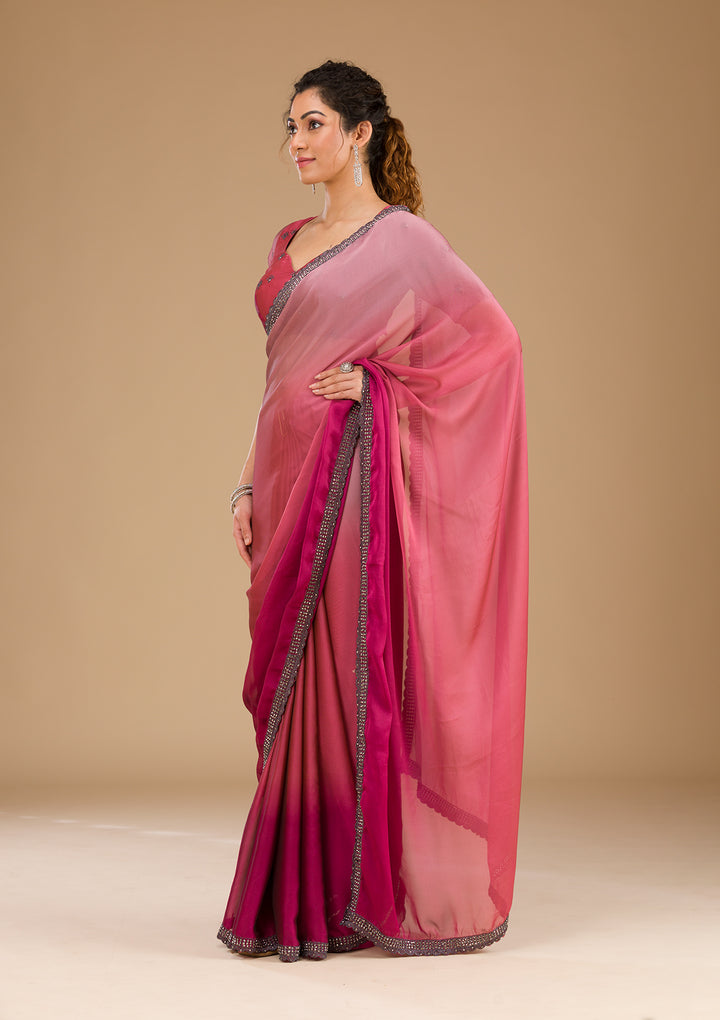 Pink Stonework Satin Saree-Koskii