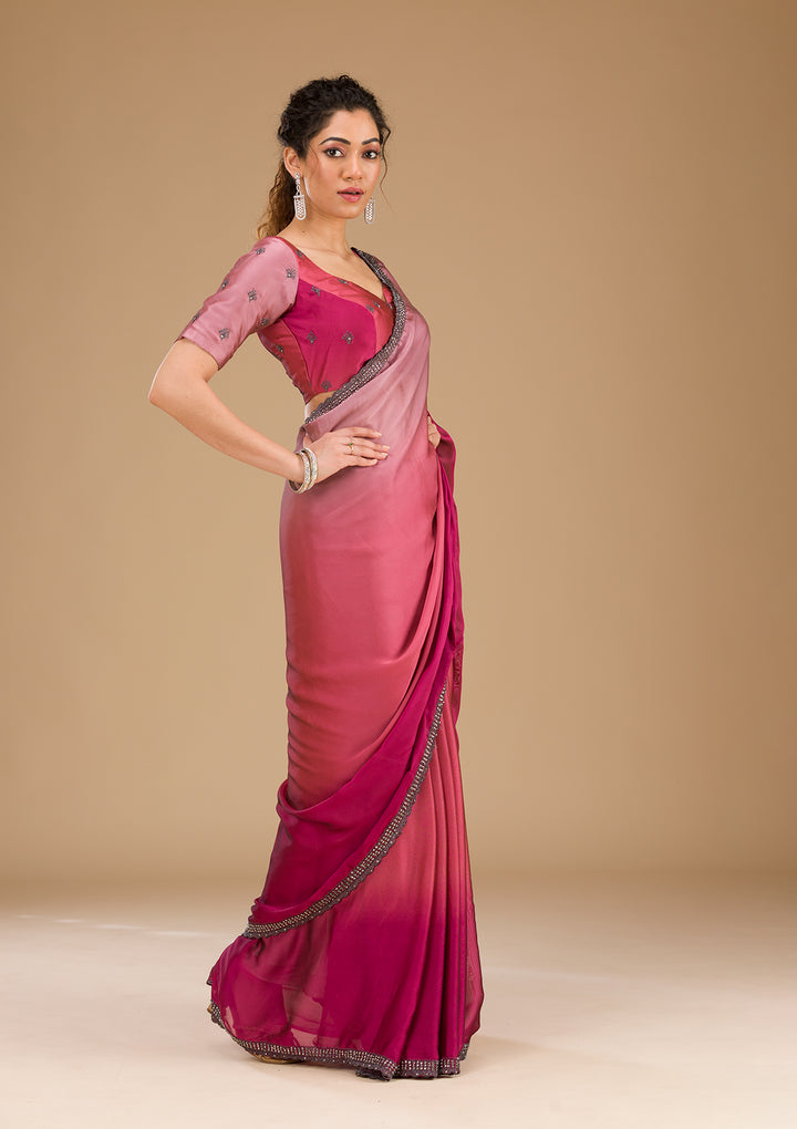 Pink Stonework Satin Saree-Koskii