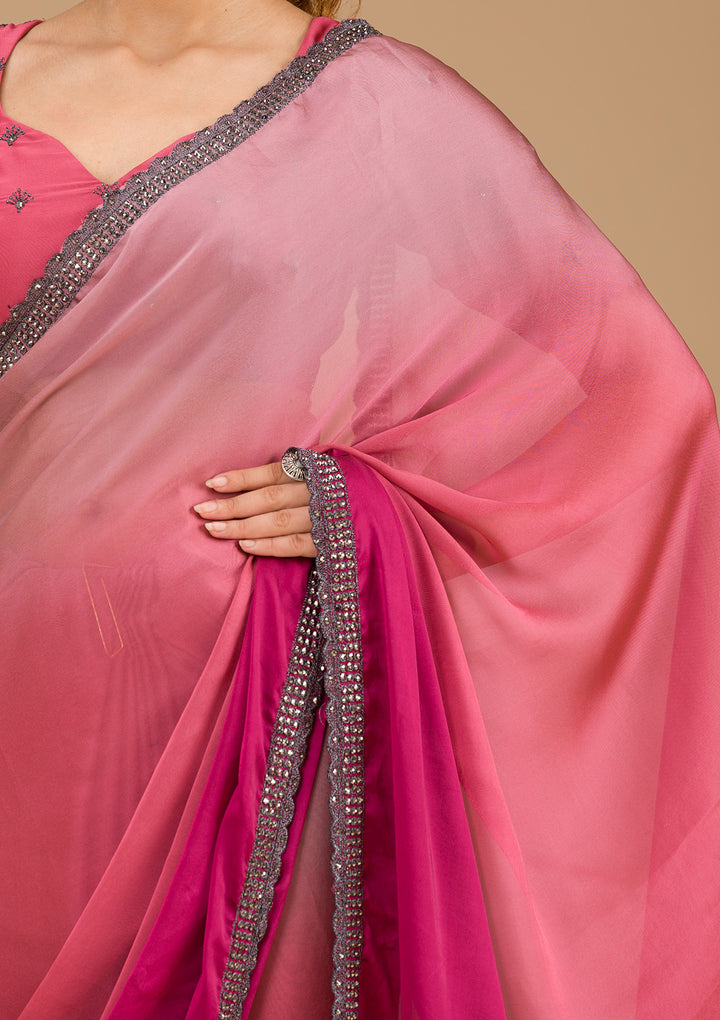 Pink Stonework Satin Saree-Koskii