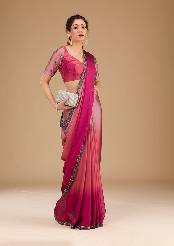 Pink Stonework Satin Saree-Koskii