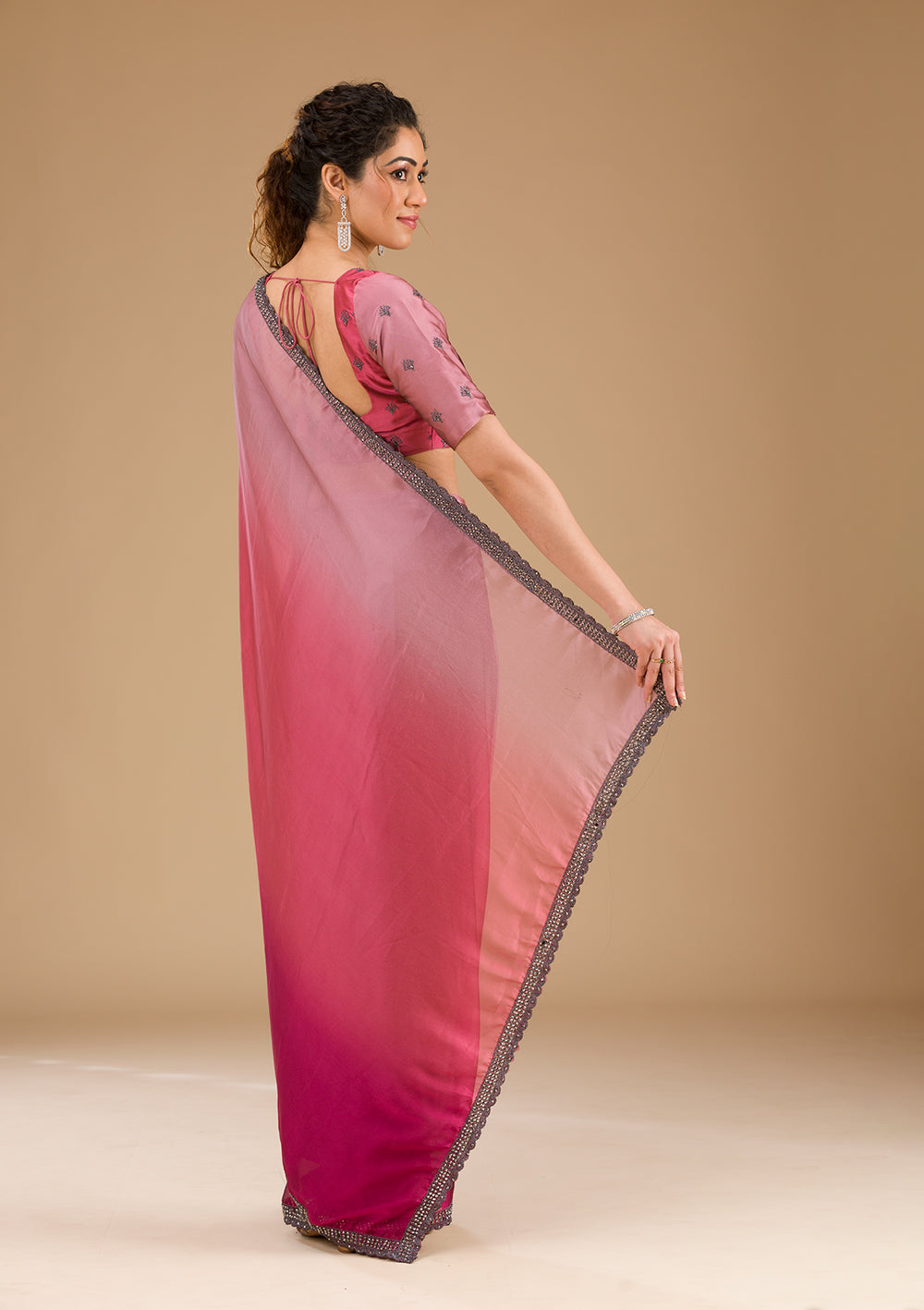 Pink Stonework Satin Saree-Koskii