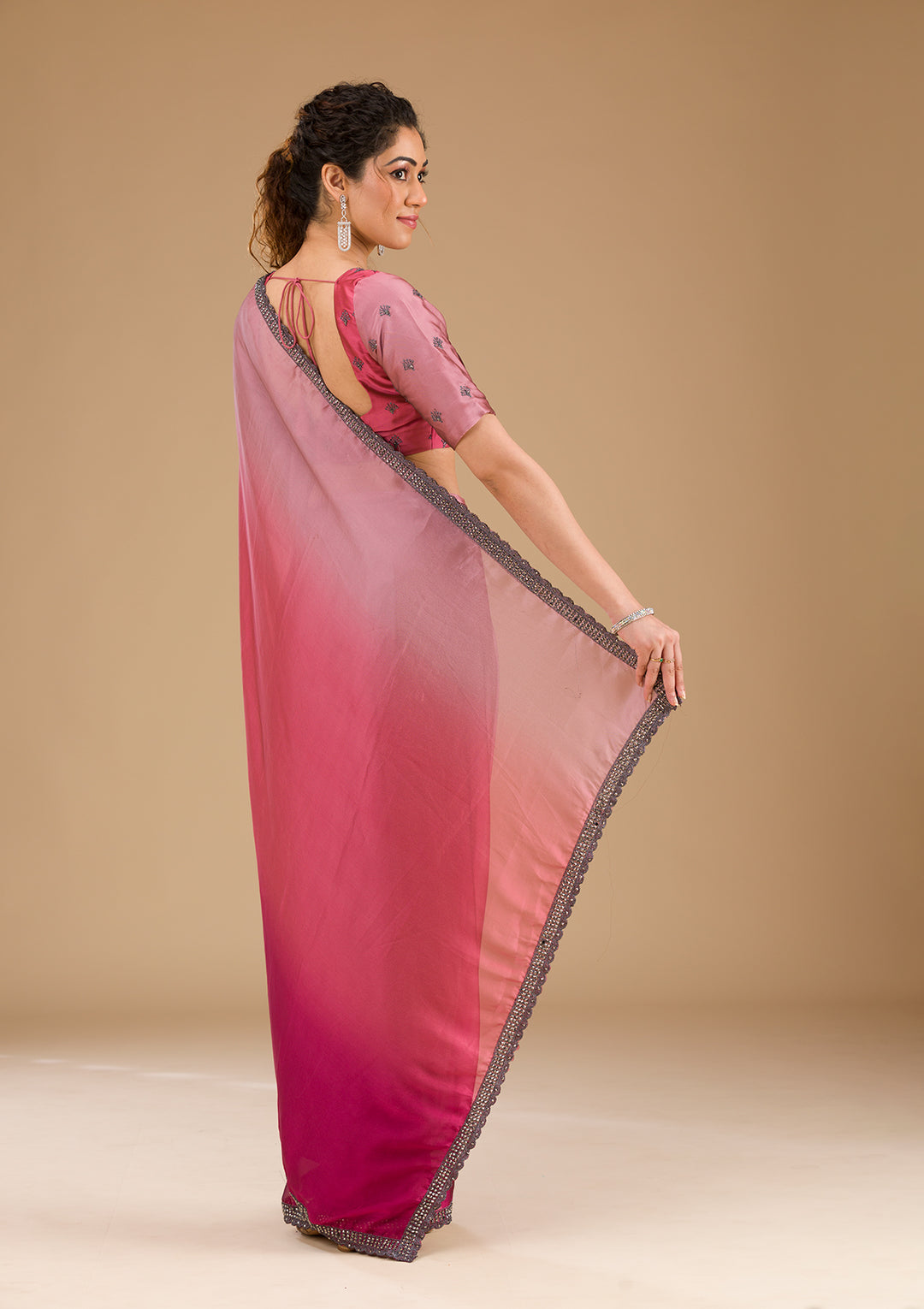 Pink Stonework Satin Saree-Koskii