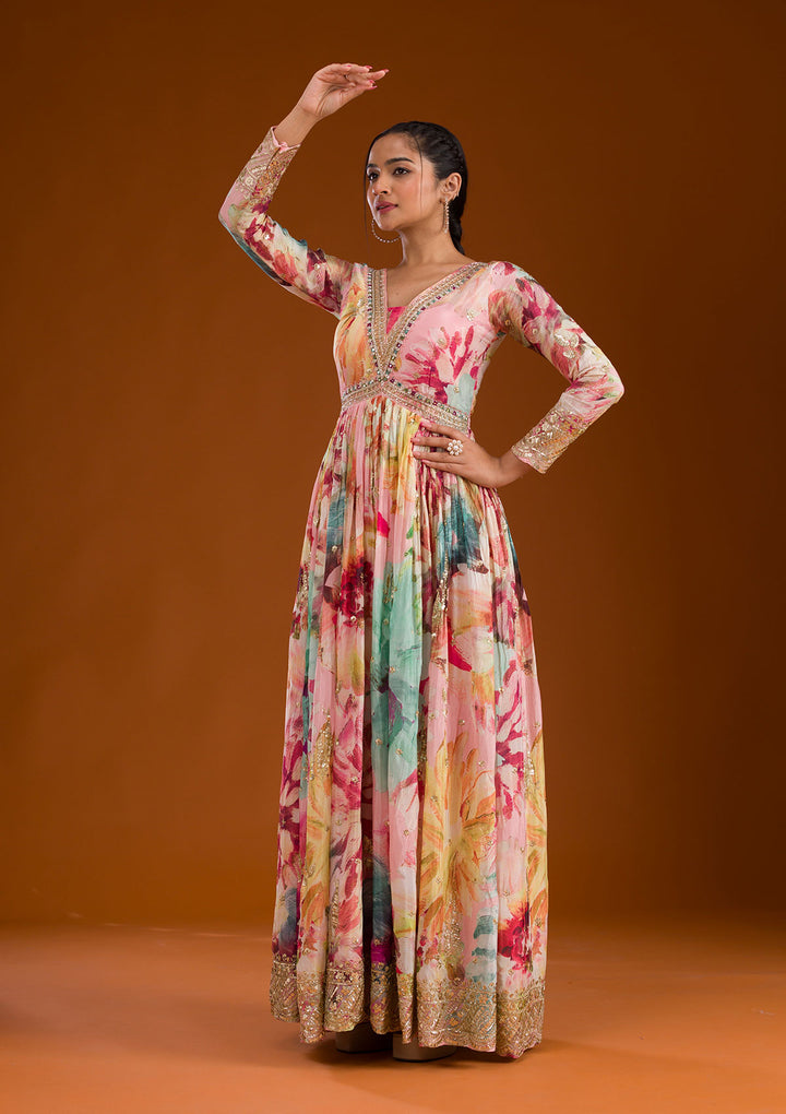 Pink Stonework Semi Crepe Readymade Salwar Suit