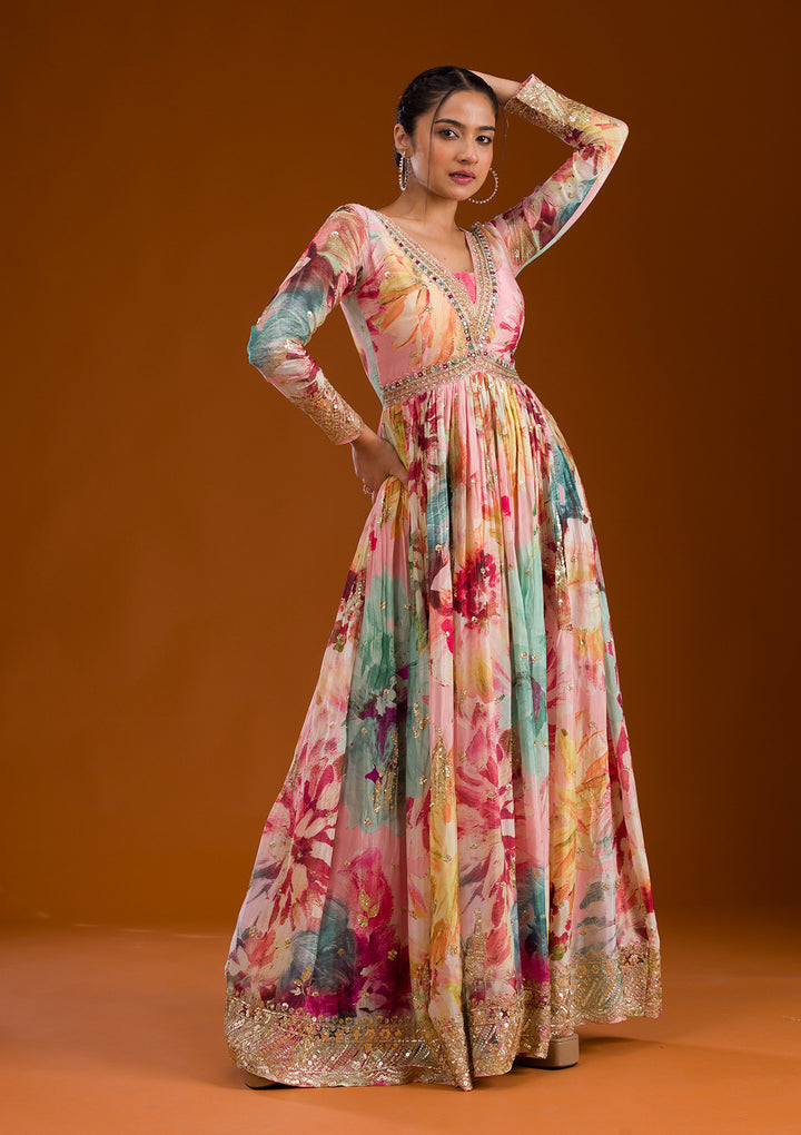Pink Stonework Semi Crepe Readymade Salwar Suit