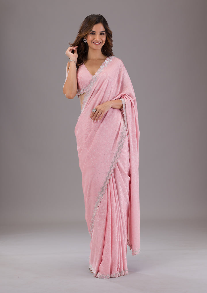 Pink Stonework Semi Crepe Saree
