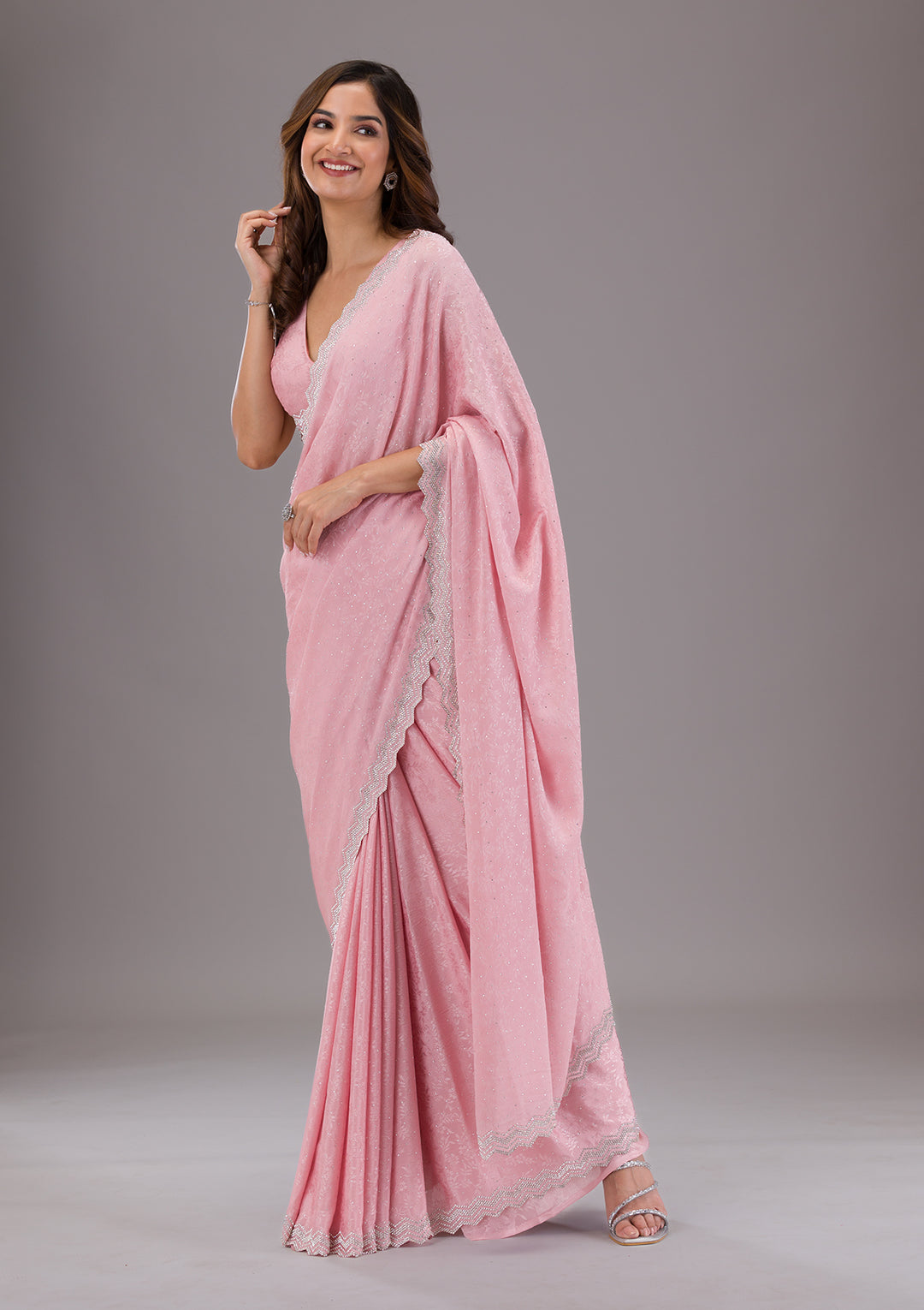 Pink Stonework Semi Crepe Saree