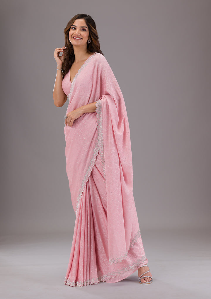 Pink Stonework Semi Crepe Saree