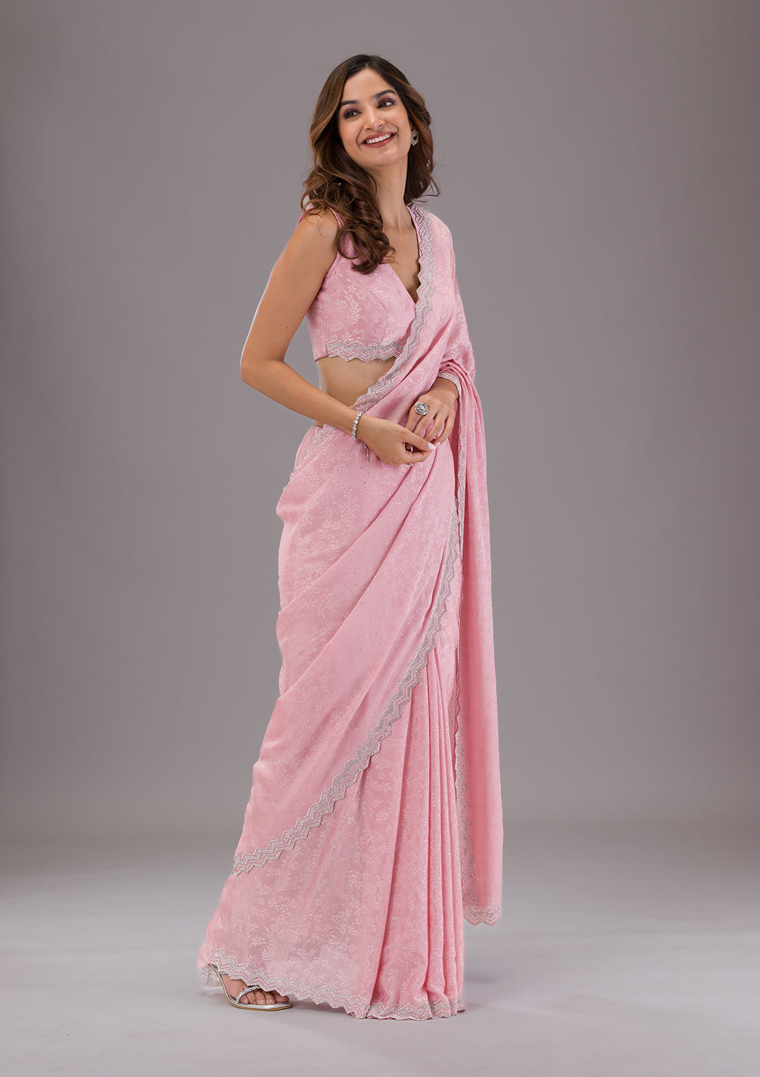 Pink Stonework Semi Crepe Saree