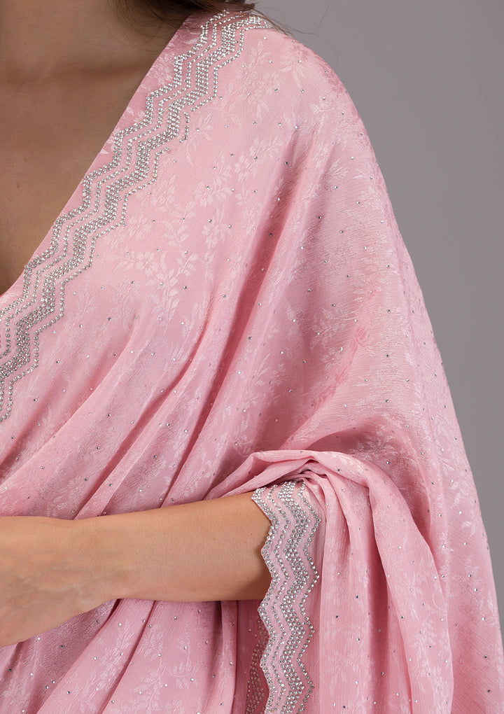 Pink Stonework Semi Crepe Saree
