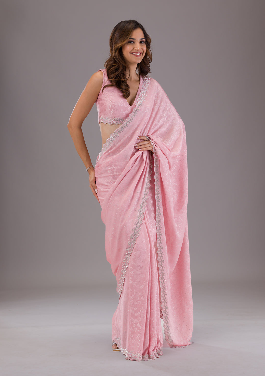 Pink Stonework Semi Crepe Saree