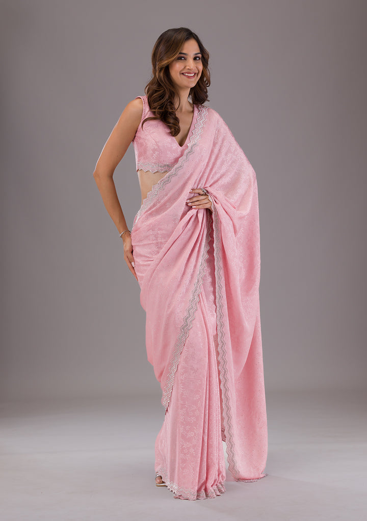 Pink Stonework Semi Crepe Saree