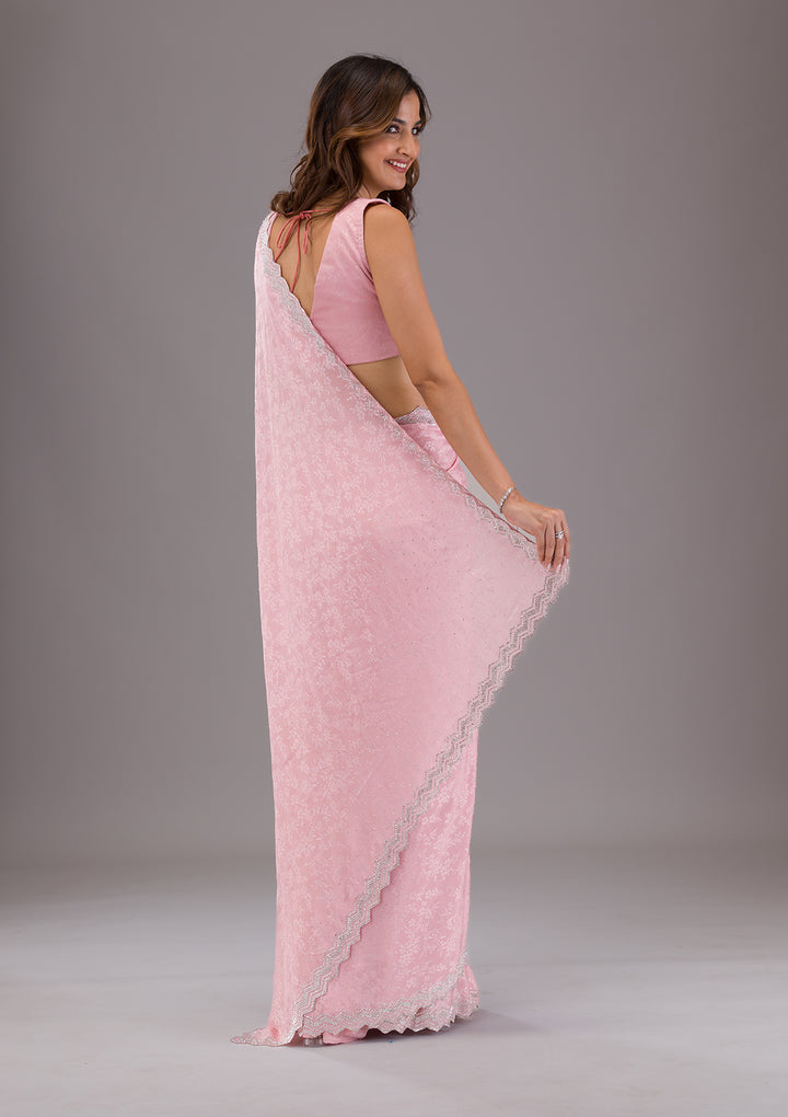 Pink Stonework Semi Crepe Saree