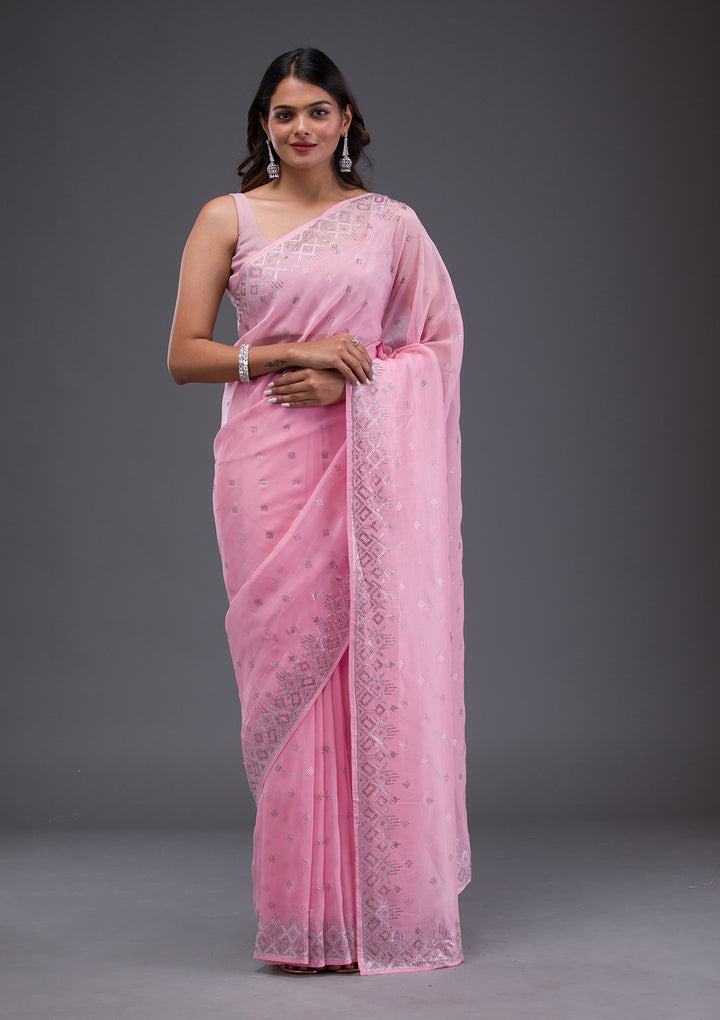 Pink Swarovski Satin Saree