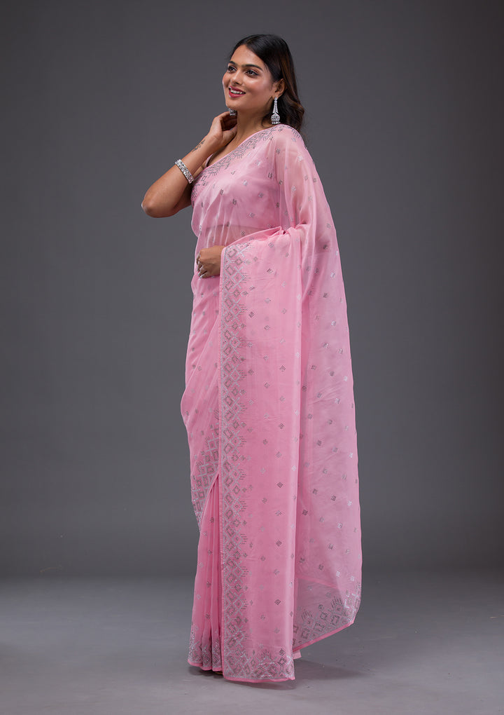 Pink Swarovski Satin Saree
