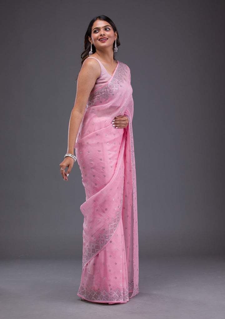 Pink Swarovski Satin Saree