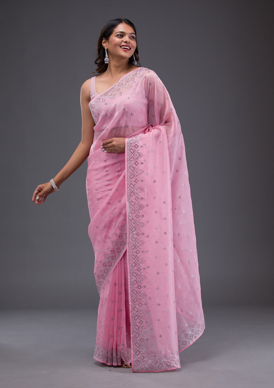 Pink Swarovski Satin Saree