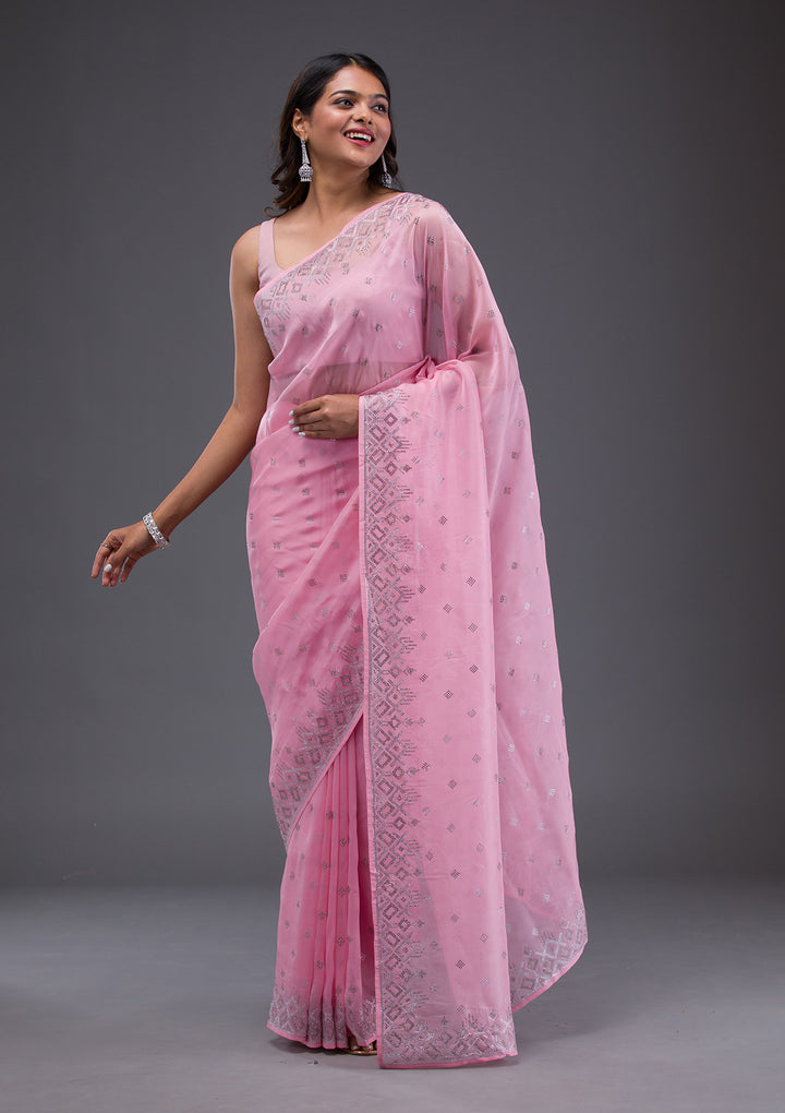 Pink Swarovski Satin Saree