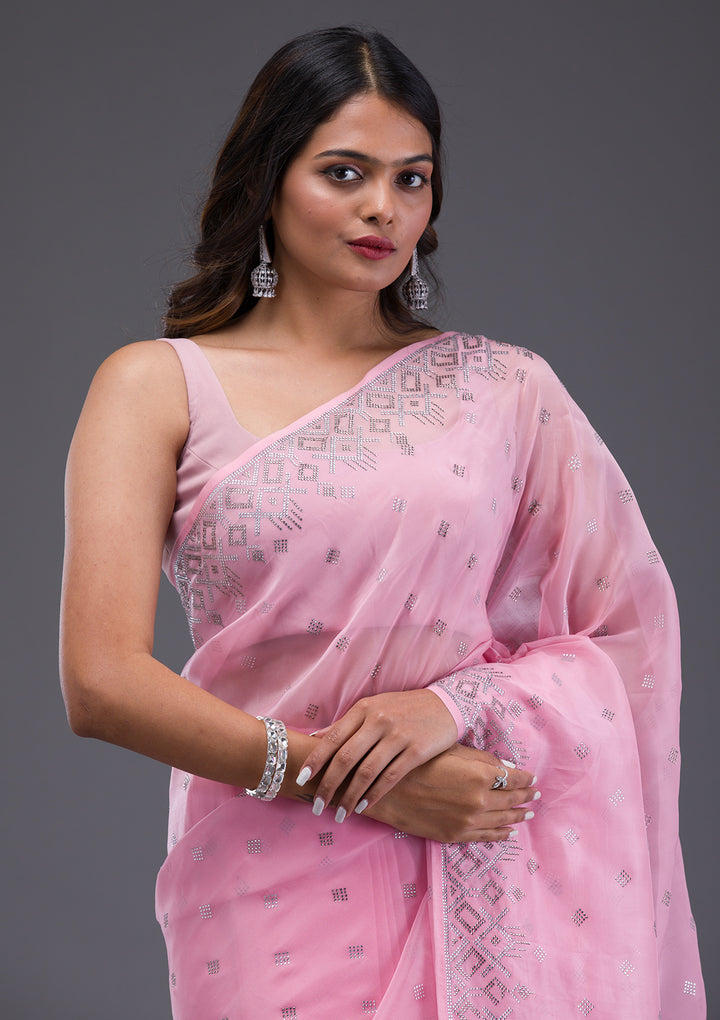 Pink Swarovski Satin Saree