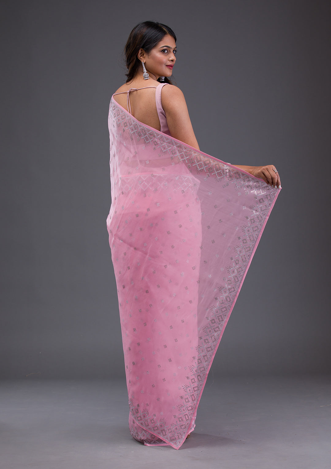 Pink Swarovski Satin Saree