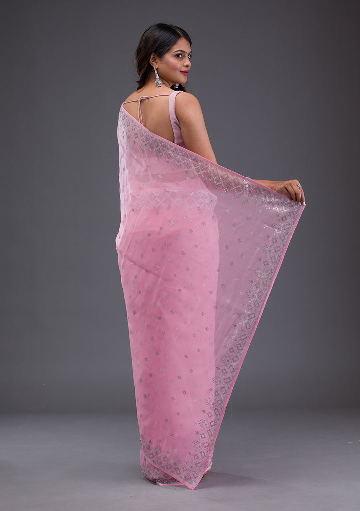 Pink Swarovski Satin Saree