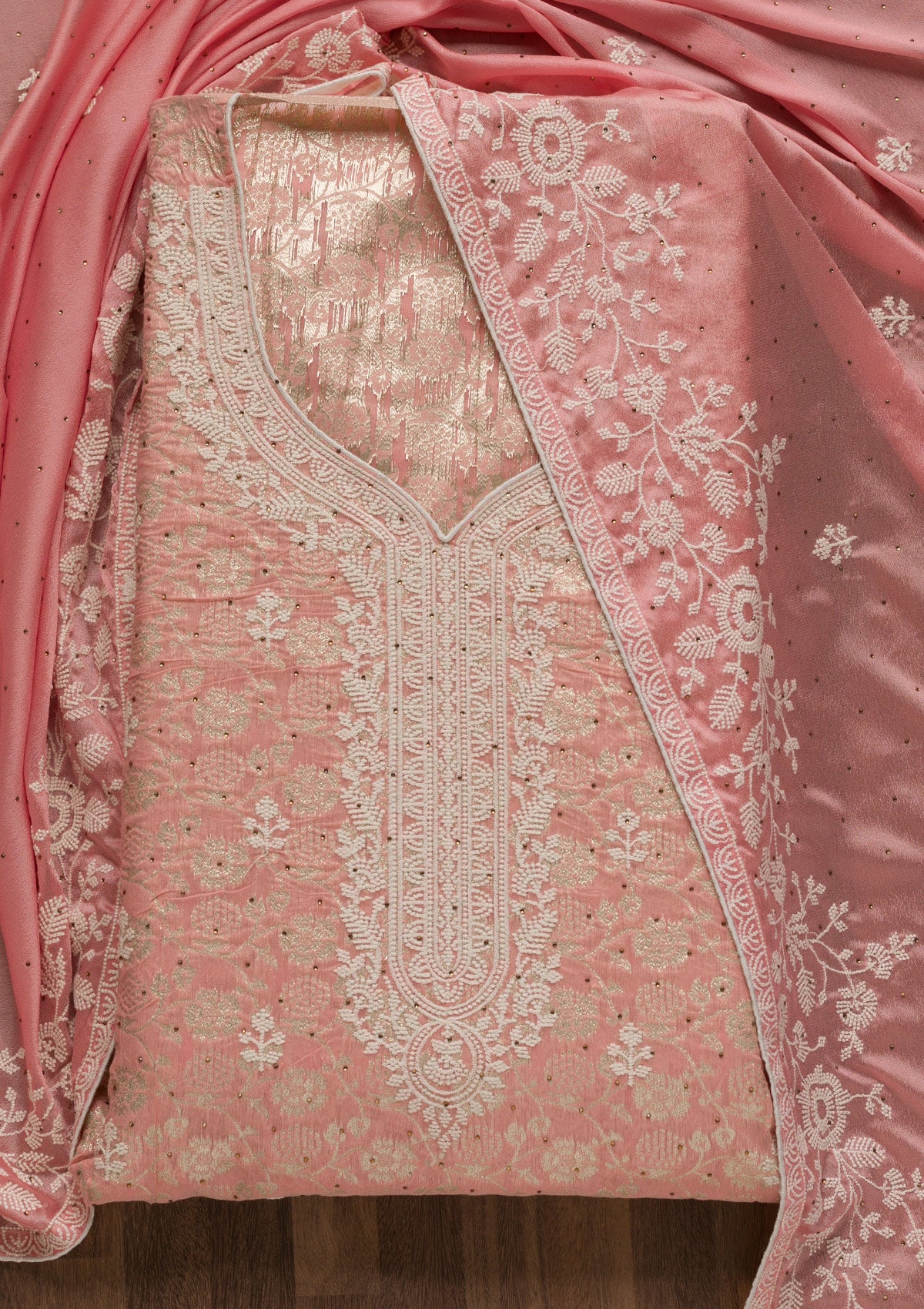 Pink Threadwork Banarasi Unstitched Salwar Suit