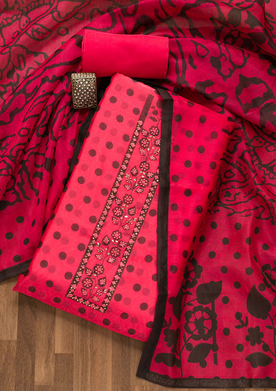 Pink Threadwork Chanderi Unstitched Salwar Suit-Koskii