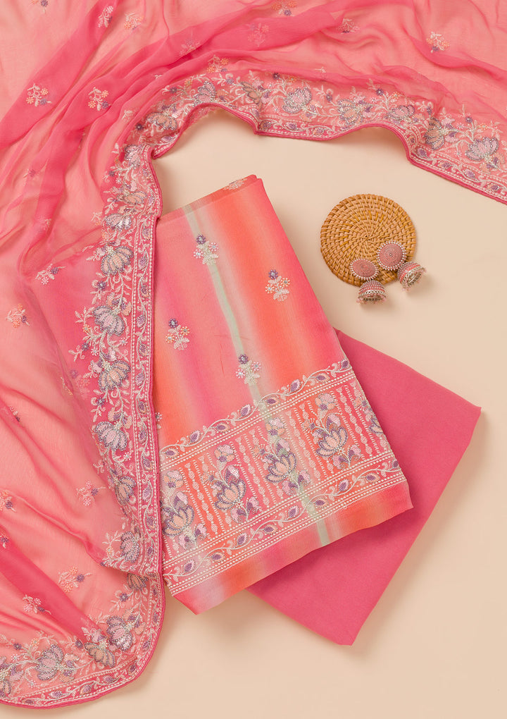 Pink Threadwork Chiffon Unstitched Salwar Suit