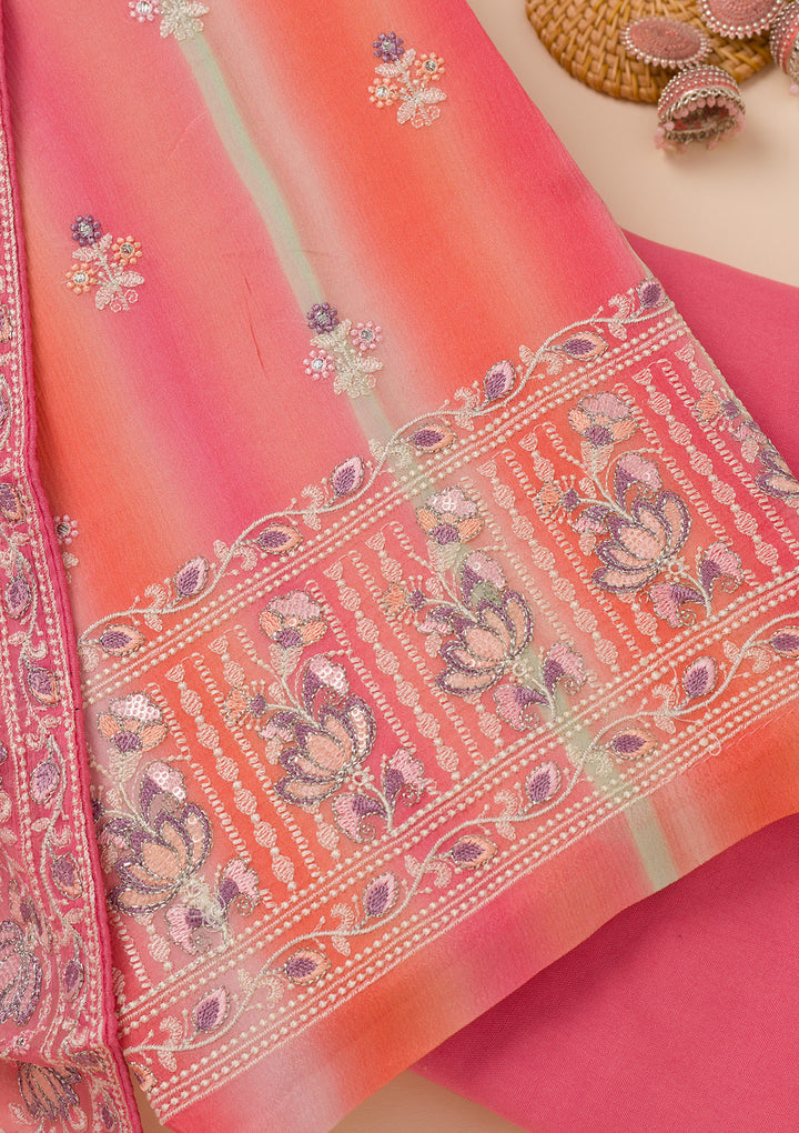 Pink Threadwork Chiffon Unstitched Salwar Suit