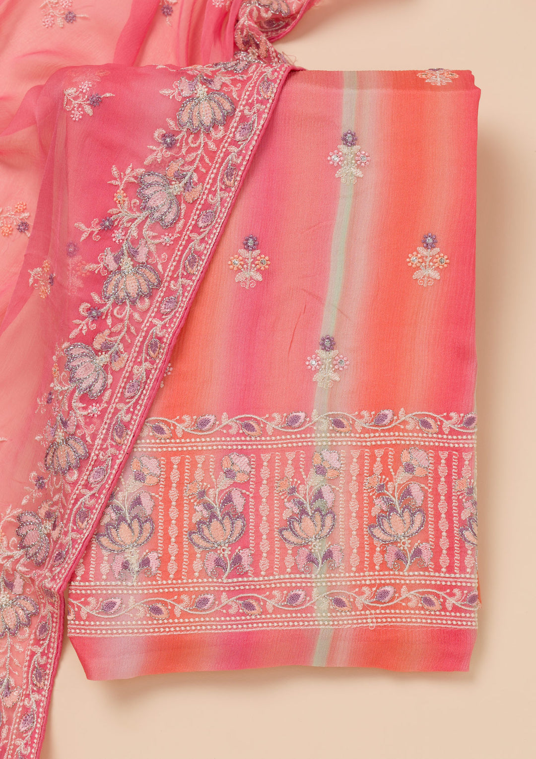 Pink Threadwork Chiffon Unstitched Salwar Suit