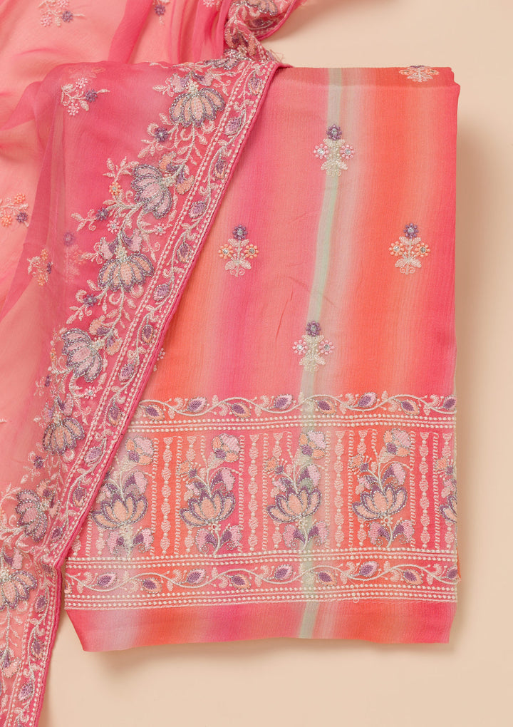 Pink Threadwork Chiffon Unstitched Salwar Suit