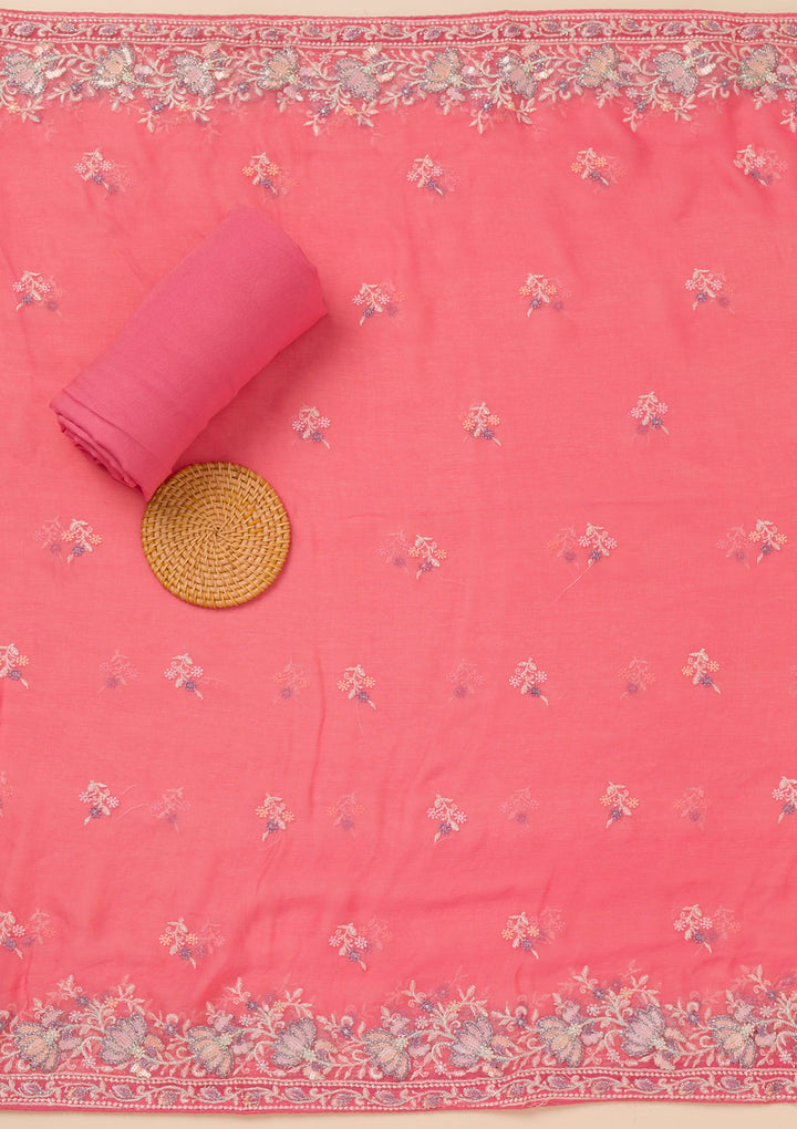 Pink Threadwork Chiffon Unstitched Salwar Suit