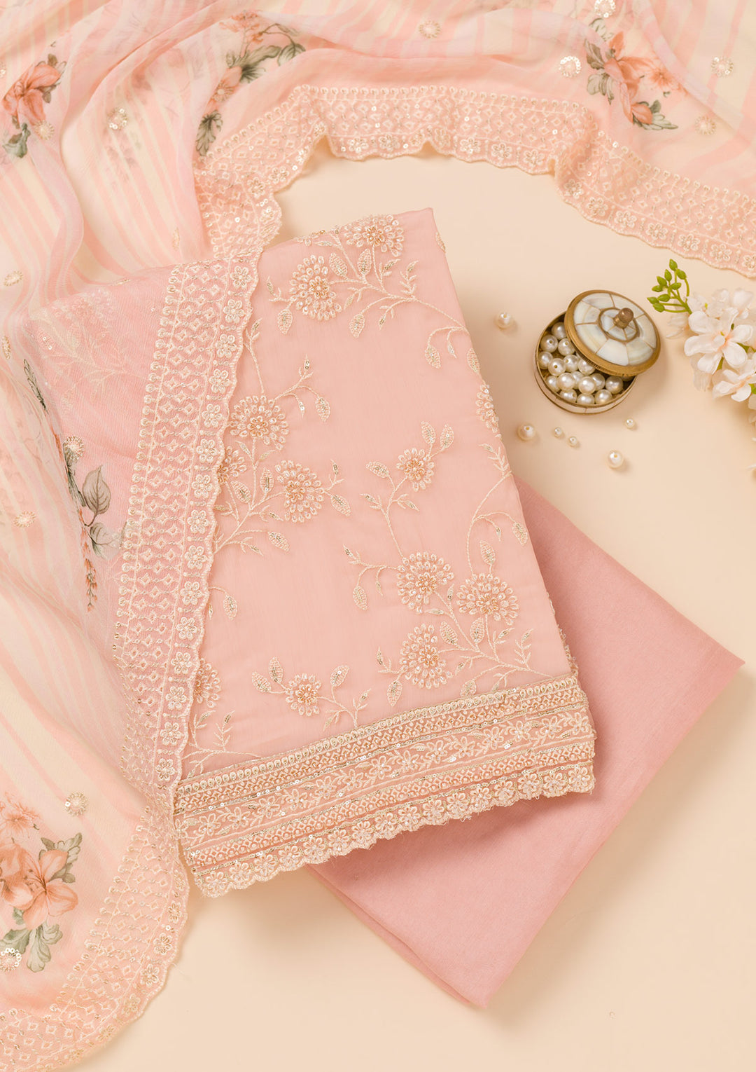 Pink Threadwork Chiffon Unstitched Salwar Suit