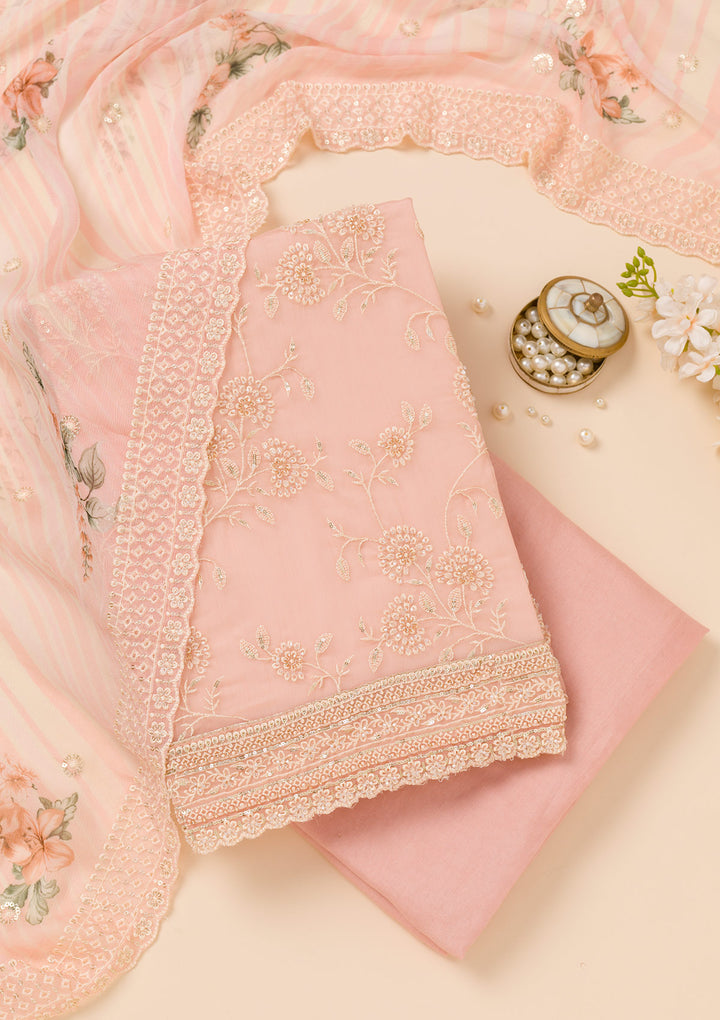 Pink Threadwork Chiffon Unstitched Salwar Suit
