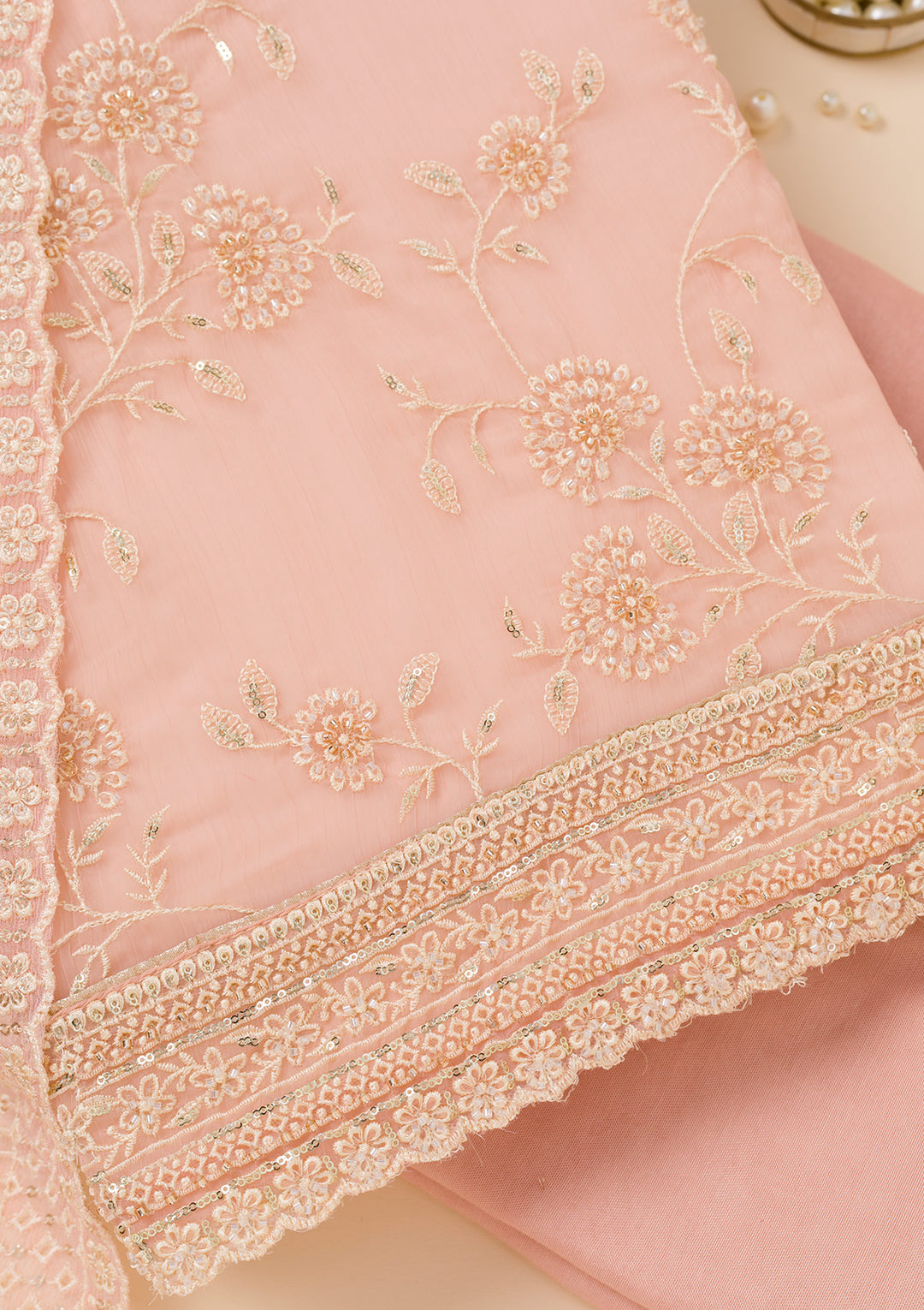 Pink Threadwork Chiffon Unstitched Salwar Suit