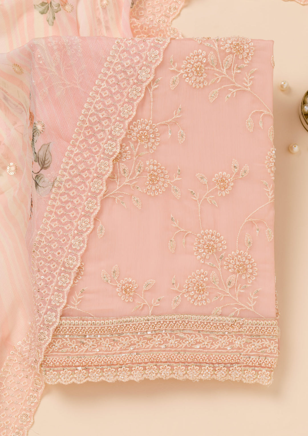 Pink Threadwork Chiffon Unstitched Salwar Suit