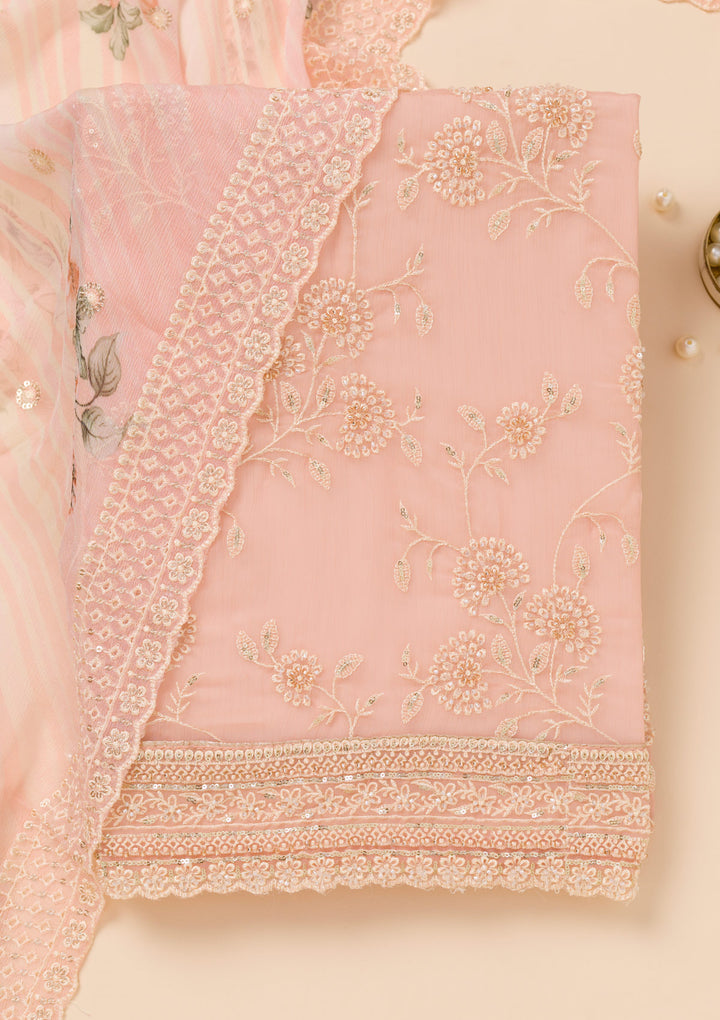 Pink Threadwork Chiffon Unstitched Salwar Suit