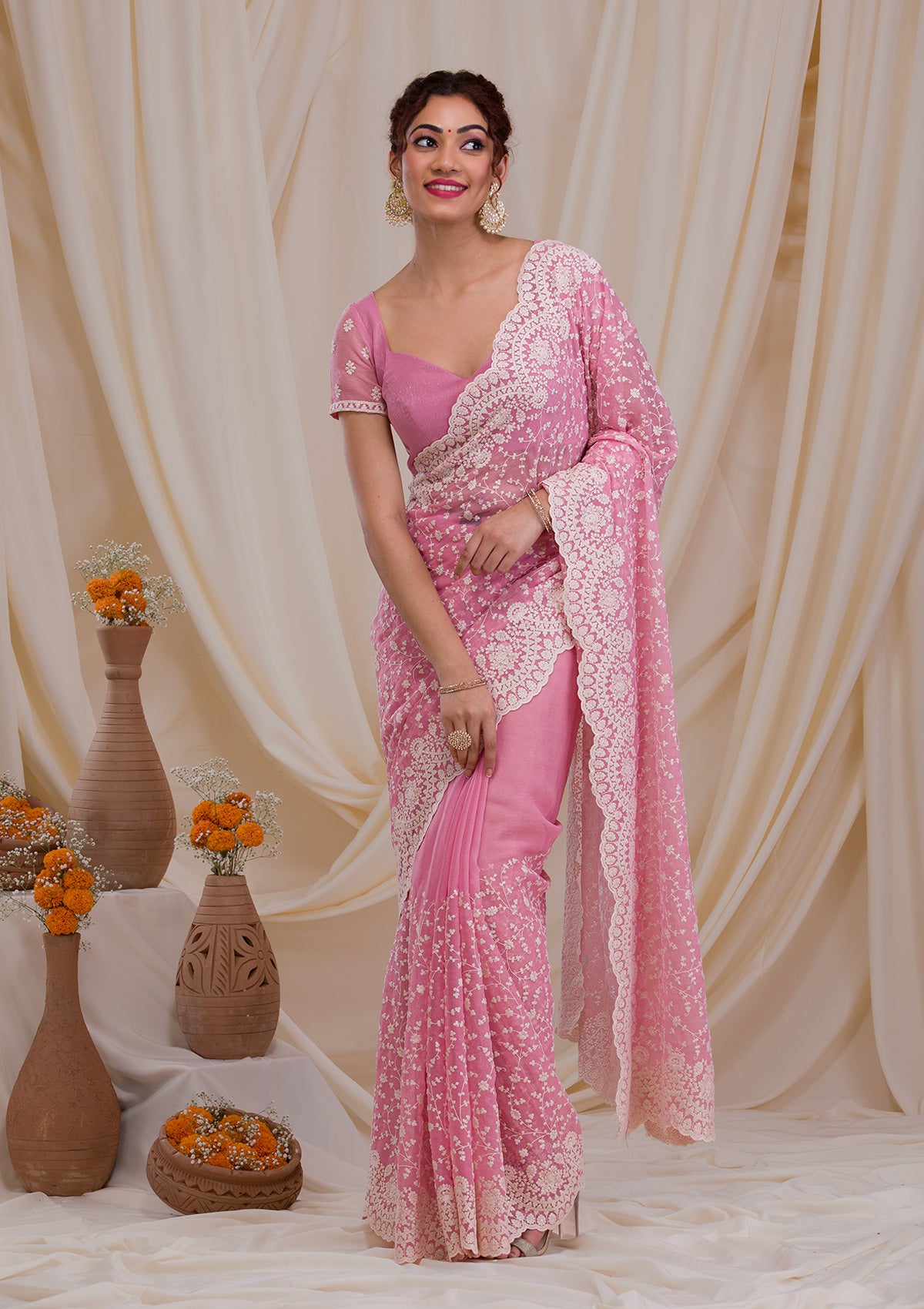 Buy Pink Threadwork Chiffon Saree - Koskii