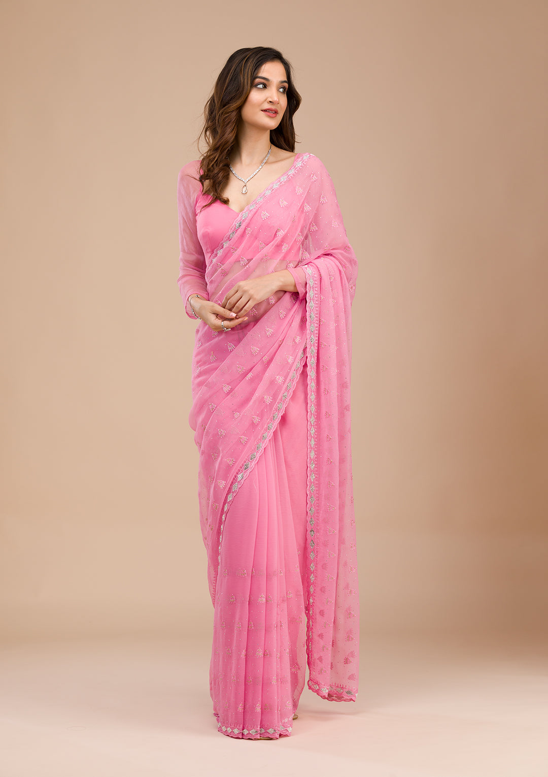 Pink Threadwork Chiffon Saree