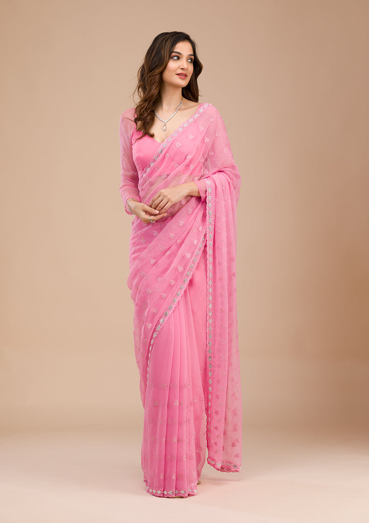 Pink Threadwork Chiffon Saree